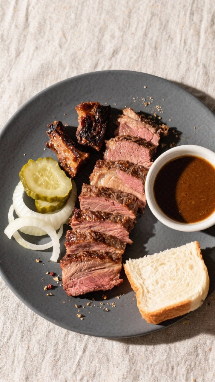 Final plated presentation: Overhead, restaurant-quality plate of Texas brisket service—neat row of