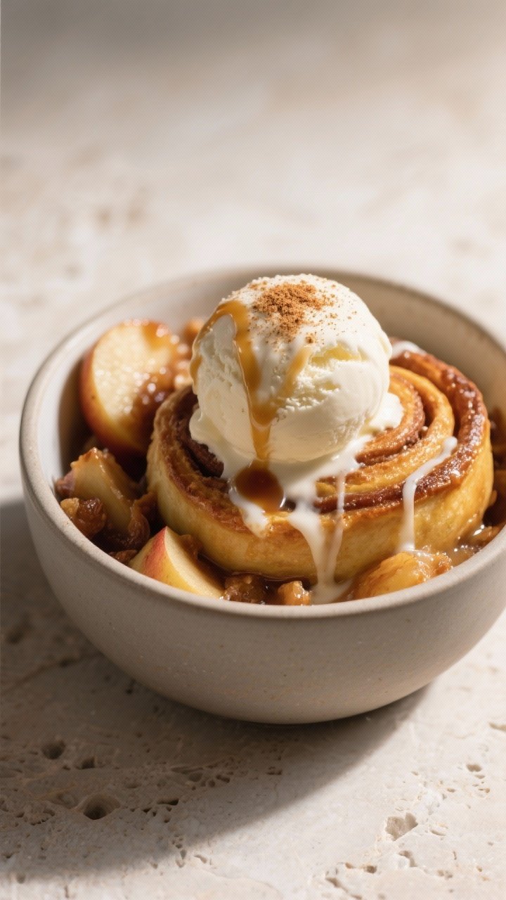 Final plated presentation: Restaurant-quality bowl of warm Cinnamon Roll Apple Cobbler served à la 