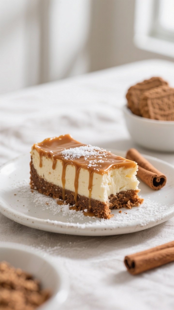 Final plated presentation: Restaurant-quality close-up of a single Gingerbread Cheesecake Bar on a s