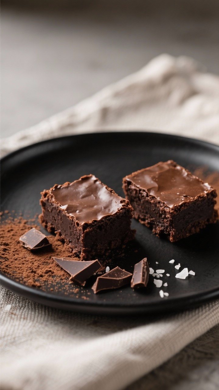 Final plated presentation: Restaurant-quality plate with two neat squares of fudgy dark chocolate br