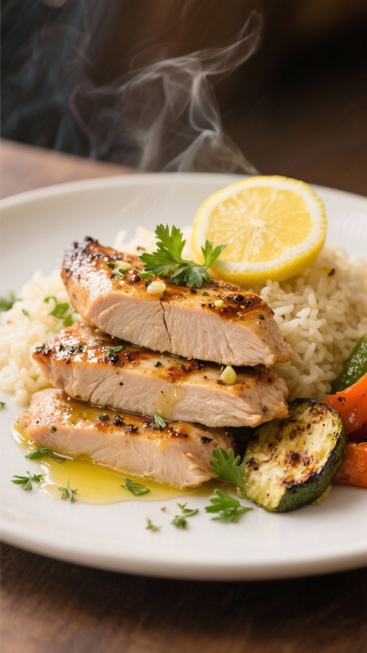 Final plated presentation: Restaurant-quality plate of Garlic Pepper Grilled Turkey Cutlets stacked 
