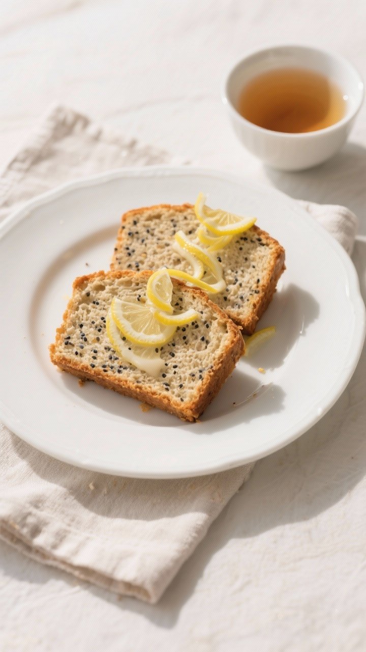 Final plated presentation: Restaurant-quality slice service of the lemon poppy seed oat flour loaf o