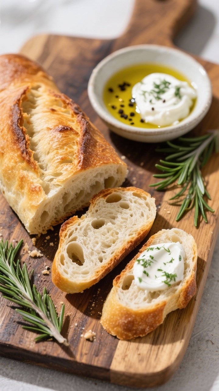 Final plated presentation: Sliced keto baguette arranged on a rustic board, showcasing the open, ten