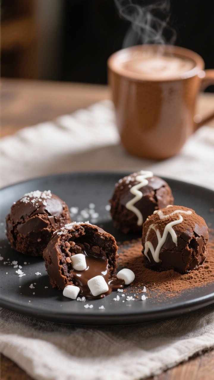 Final plated presentation: Three Hot Cocoa Brownie Bombs on a matte charcoal dessert plate, one cut 