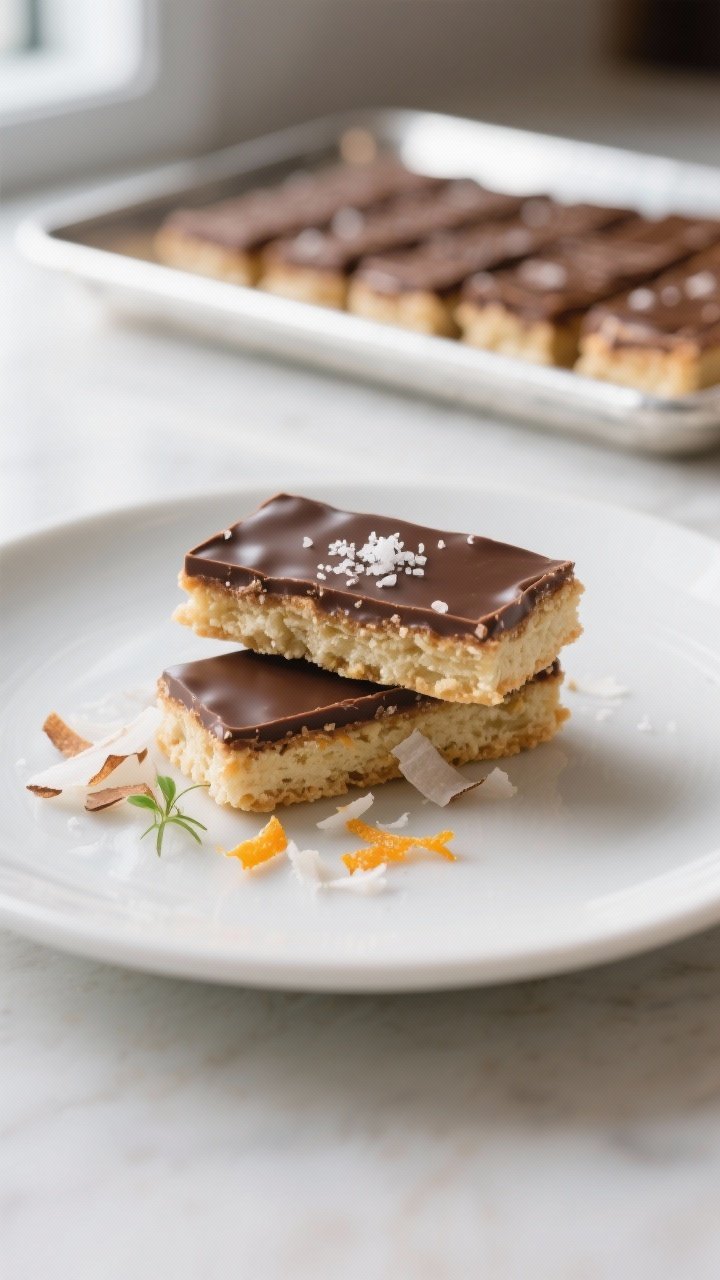 Final plated presentation: Two bars stacked slightly askew on a matte white dessert plate, chocolate