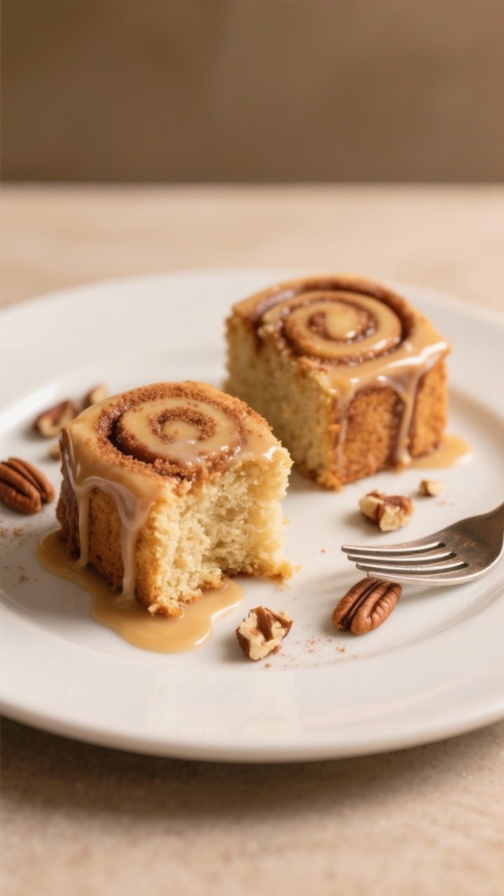 Final plated presentation: two fork-tender squares of cinnamon roll cake on a matte white dessert pl