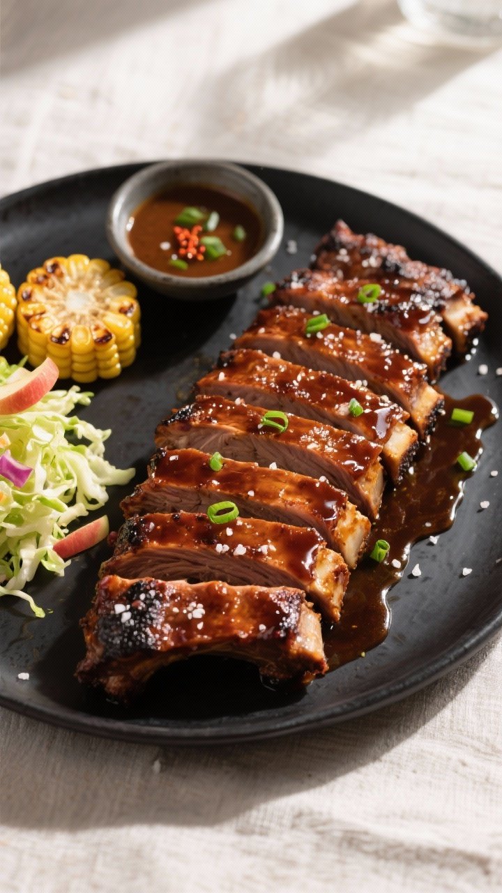 Final plated, top-down: Sliced brown sugar BBQ beef ribs arranged in a slight fan on a matte black p