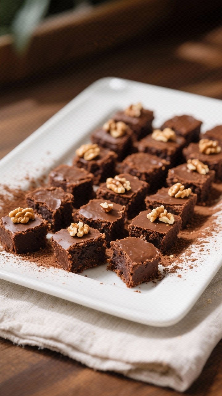 Final presentation: A party-ready platter of oat flour brownie bites arranged in tight rows on a whi