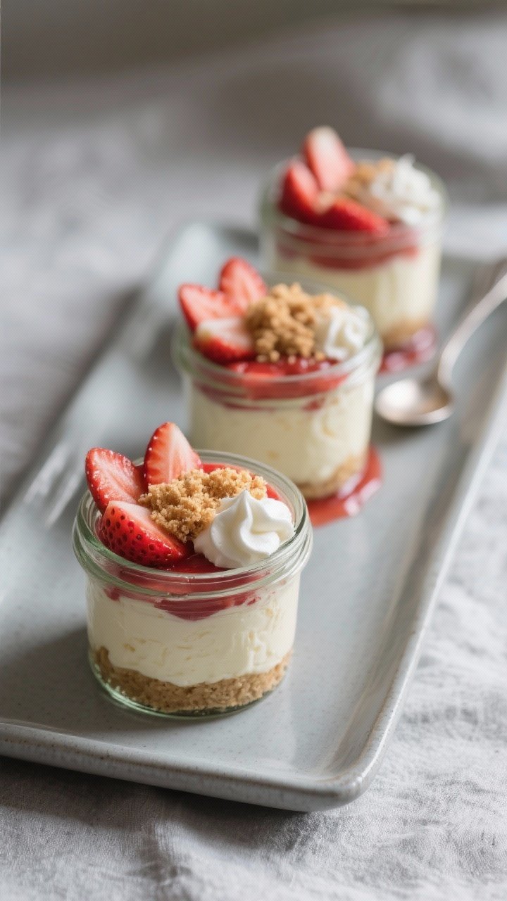 Final presentation beauty shot: Three finished Strawberry No-Bake Cheesecake jars arranged in a slig