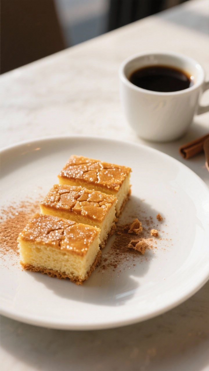 Final presentation: Restaurant-quality plating of neat snack cake squares on a matte white plate, se