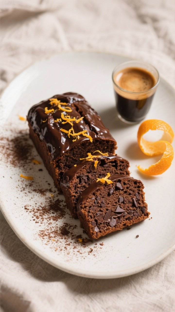 Final presentation shot: Beautifully plated slices of dark chocolate orange loaf cake arranged sligh