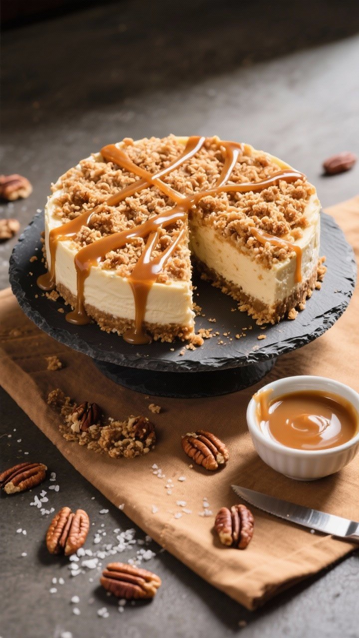 Final presentation top-down shot: Whole chilled Caramel Pecan Crumble Cheesecake on a slate cake sta