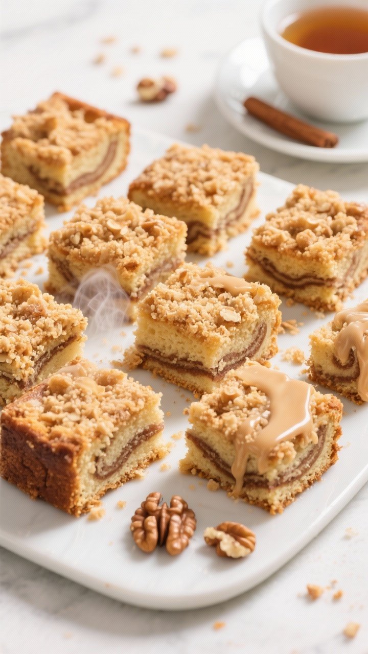 Final presentation top view: Bakery-style squares of cinnamon streusel coffee cake arranged slightly
