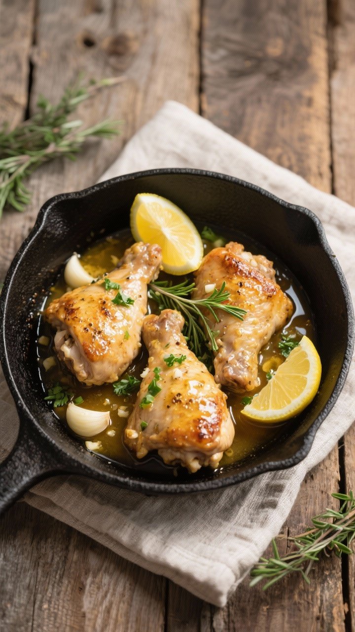 Overhead final dish: Keto Garlic Butter Chicken Thighs returned to skillet skin side up, saucy meat-