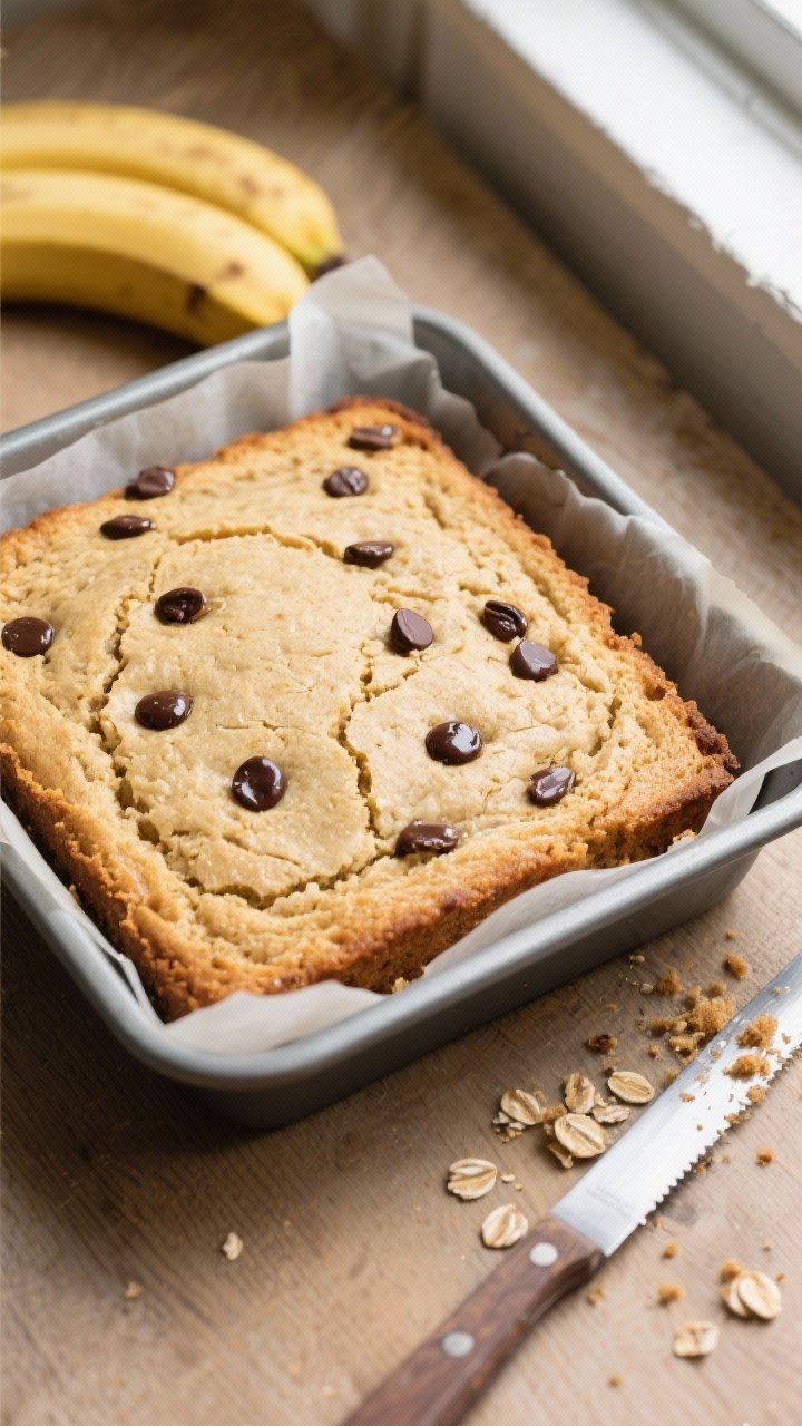 Overhead shot of freshly baked Healthy Oat Flour Banana Bread Bars cooling on parchment in an 8x8-in
