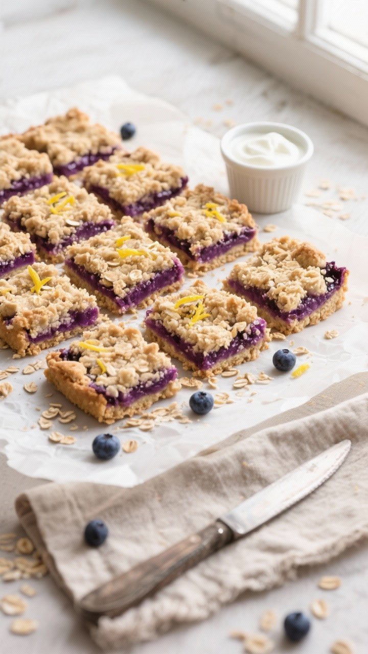Overhead shot of neatly sliced oat flour blueberry crumble squares arranged in a tight grid on parch