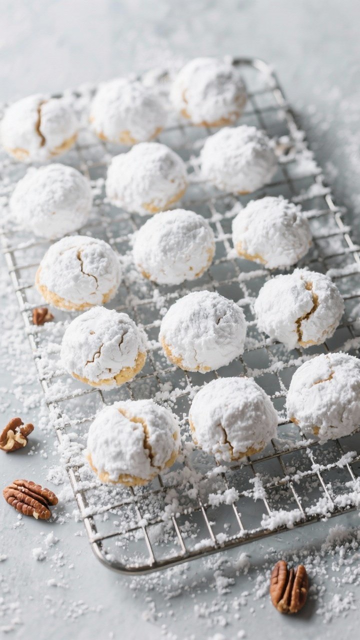 Overhead “tasty top view”: a cooling rack filled with finished snowball cookies after their seco