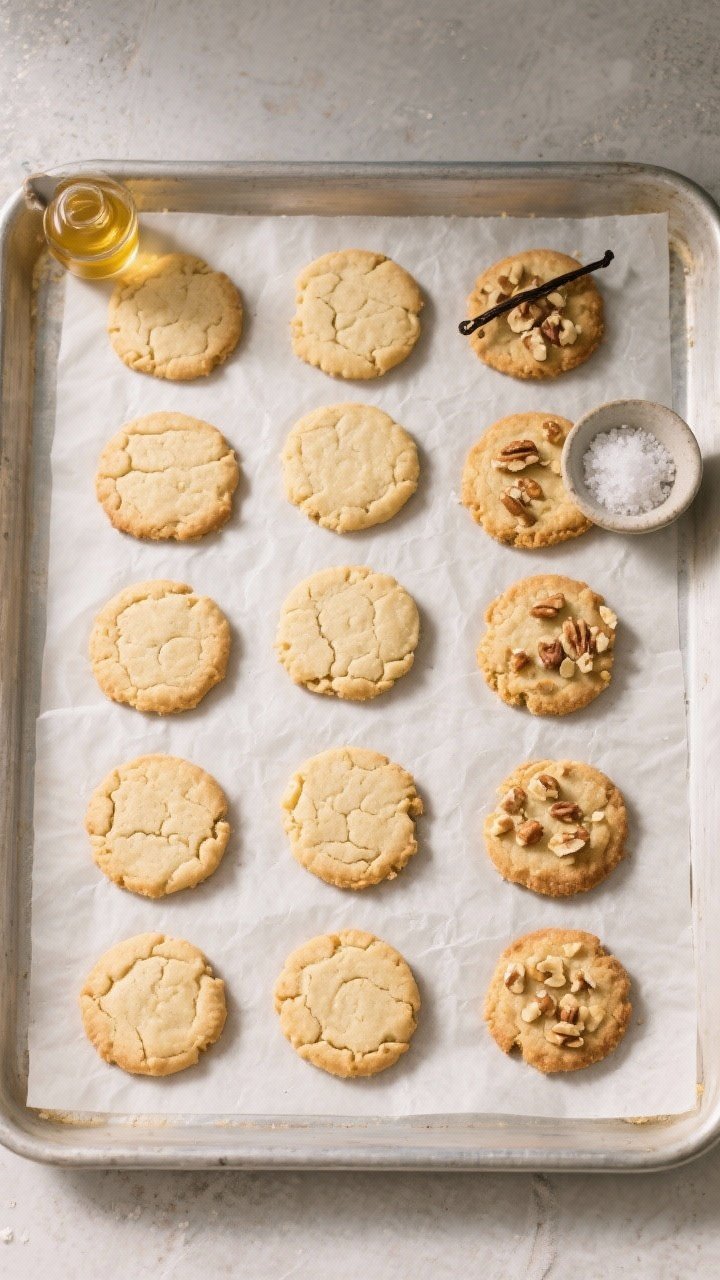Overhead “tasty top view”: A neat grid of pressed 1/3-inch thick cookies on parchment, spaced ev