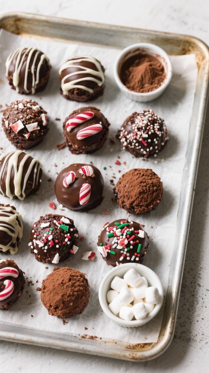 Overhead “tasty top view”: A parchment-lined sheet pan filled with assorted finished Hot Cocoa B