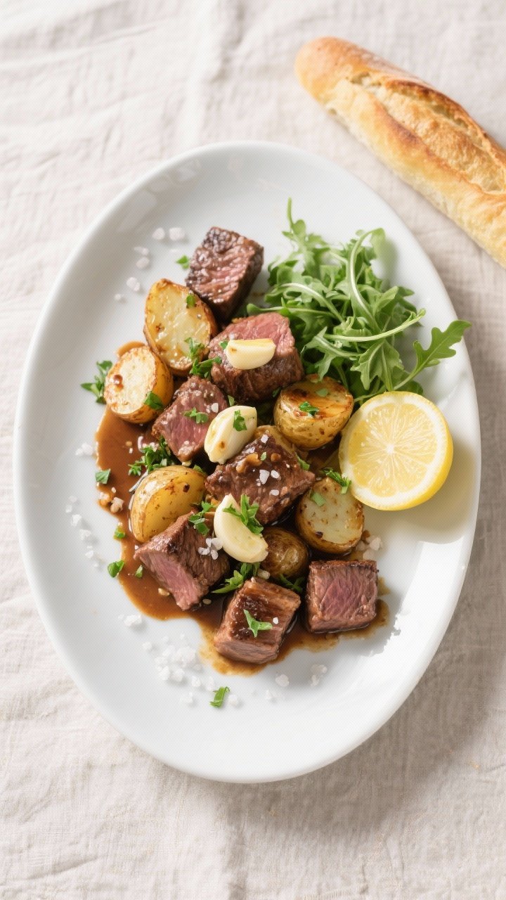 Overhead “tasty top view”: Final plated Garlic Butter Steak Bites With Crispy Potatoes on a wide