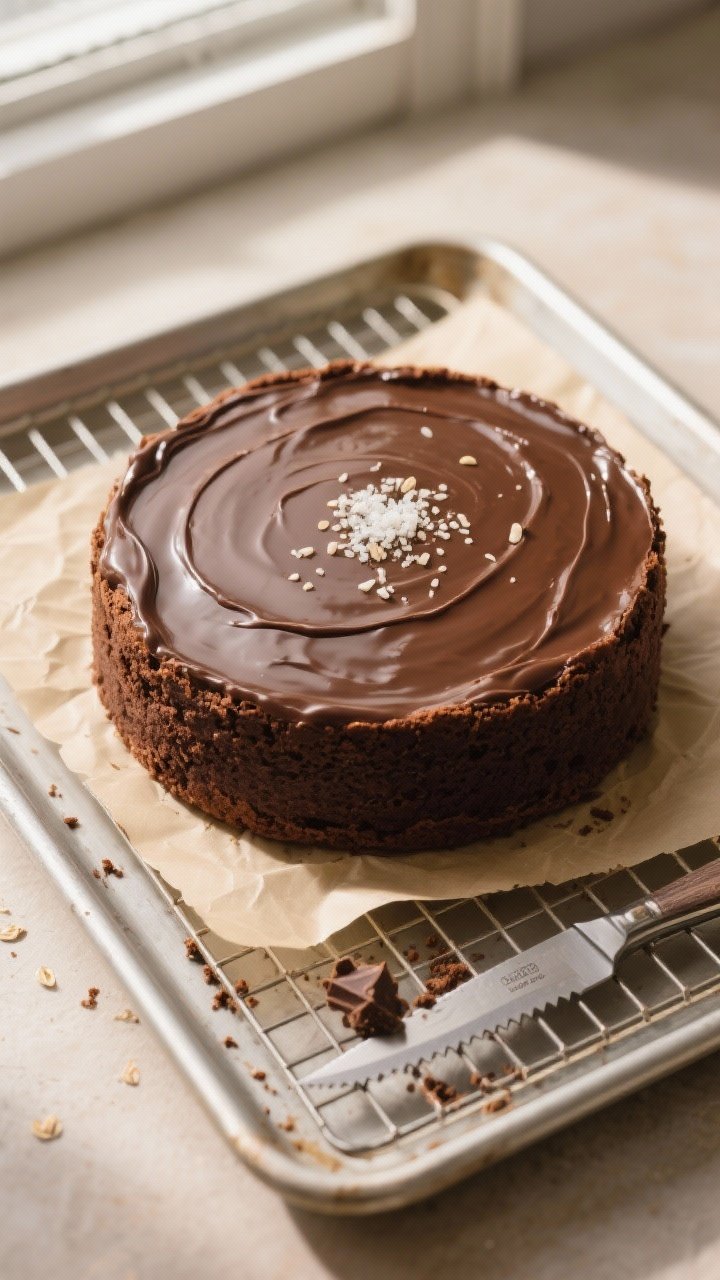 Overhead “tasty top view”: Freshly baked oat flour chocolate cake cooled and topped with a smoot