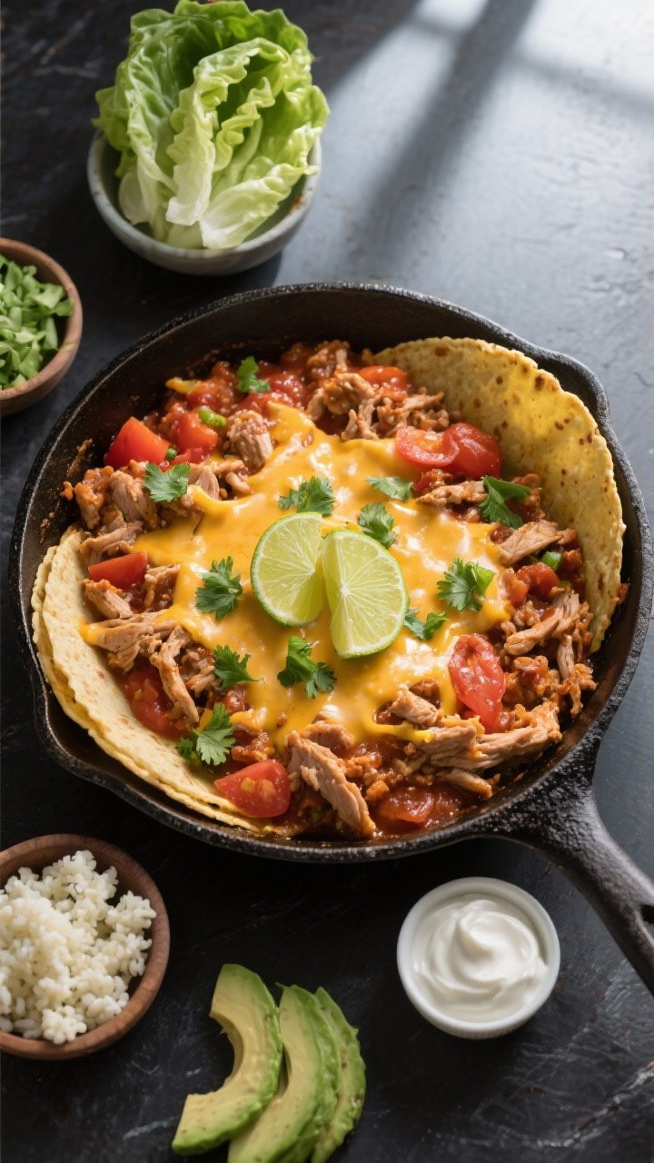 Overhead tasty top view: Keto Turkey Taco Skillet at its saucy peak—thickened turkey-tomato mixtur