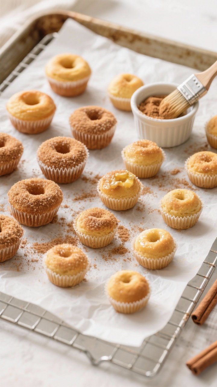 Overhead “tasty top view” of a parchment-lined cooling rack filled with freshly baked donut hole