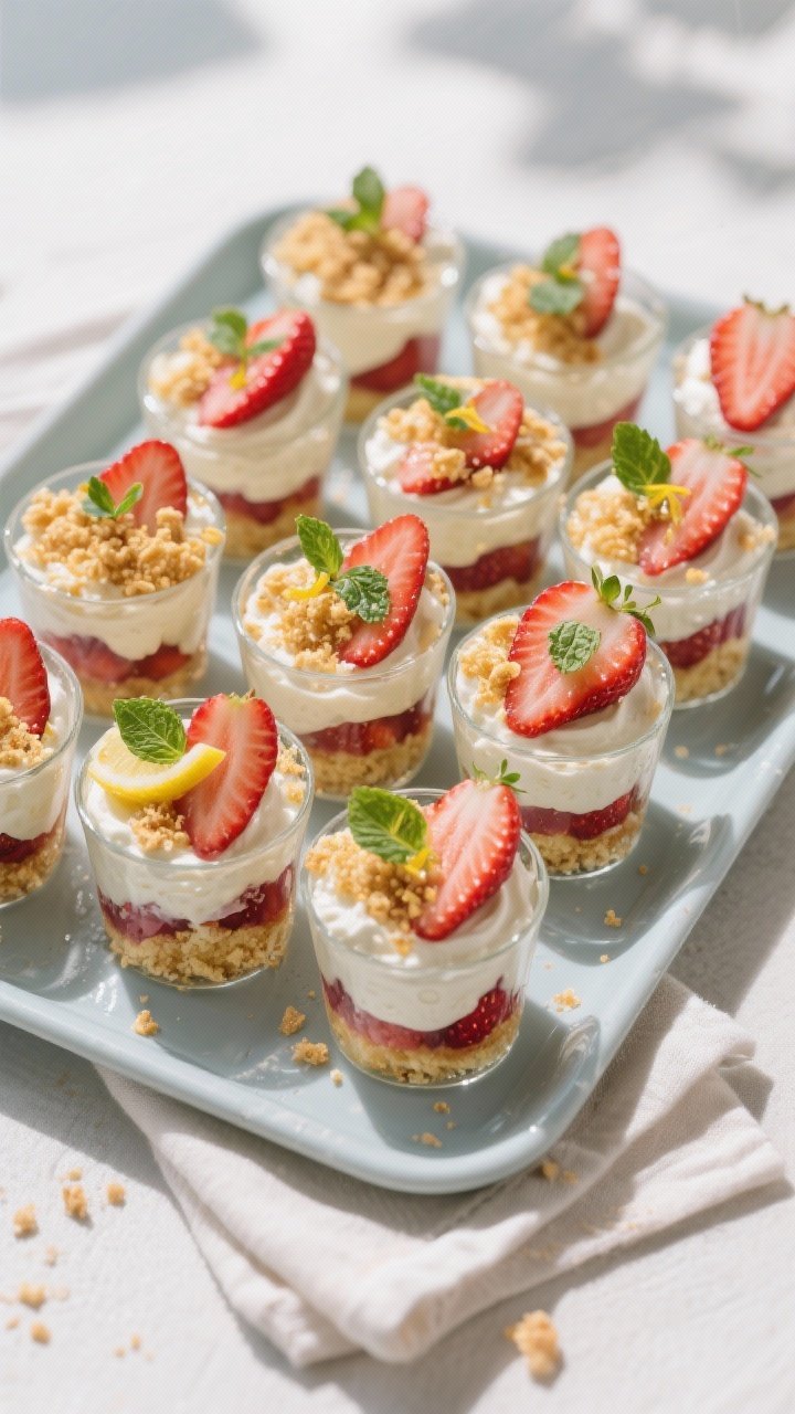 Overhead tasty top view of finished Strawberry Shortcake Cups arranged in a neat grid on a cool-tone