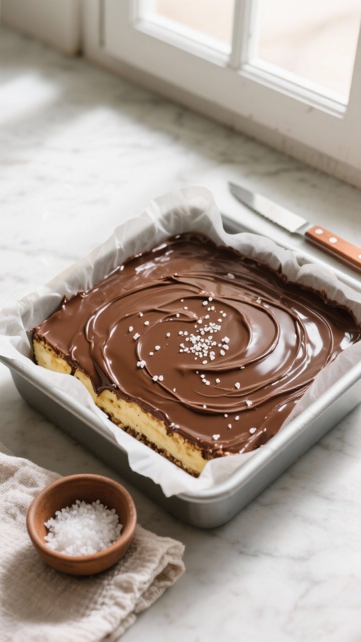 Overhead “tasty top view” of the full 8x8 pan lined with parchment, chocolate topping just poure