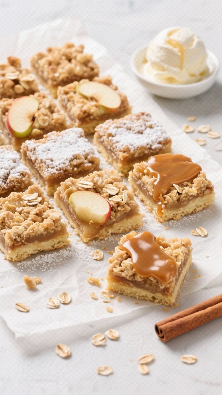 Overhead “tasty top view” shot: Neatly cut cinnamon apple crumble bars arranged in a grid on par
