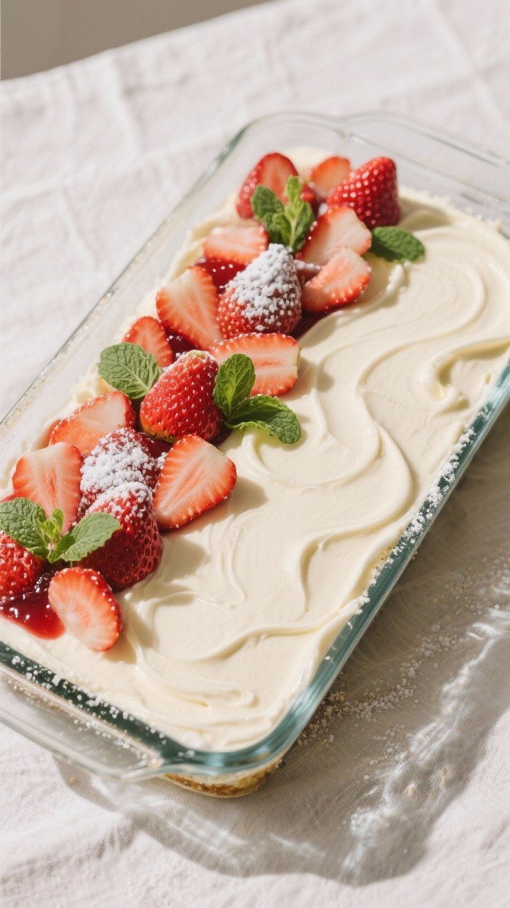 Overhead “tasty top view” shot: The fully assembled cake in a 9x13 glass dish after overnight ch