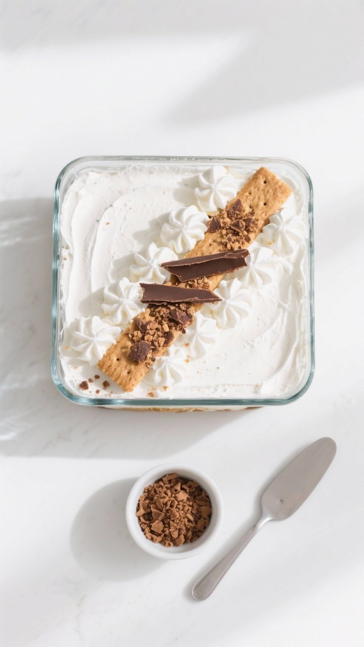 Overhead “tasty top view”: The fully set dessert in a square glass dish, top layer smoothed with