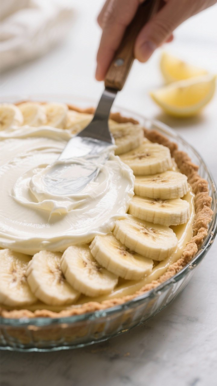 Process-in-action (no people): The assembled dessert just after layering—bananas arranged in a tig