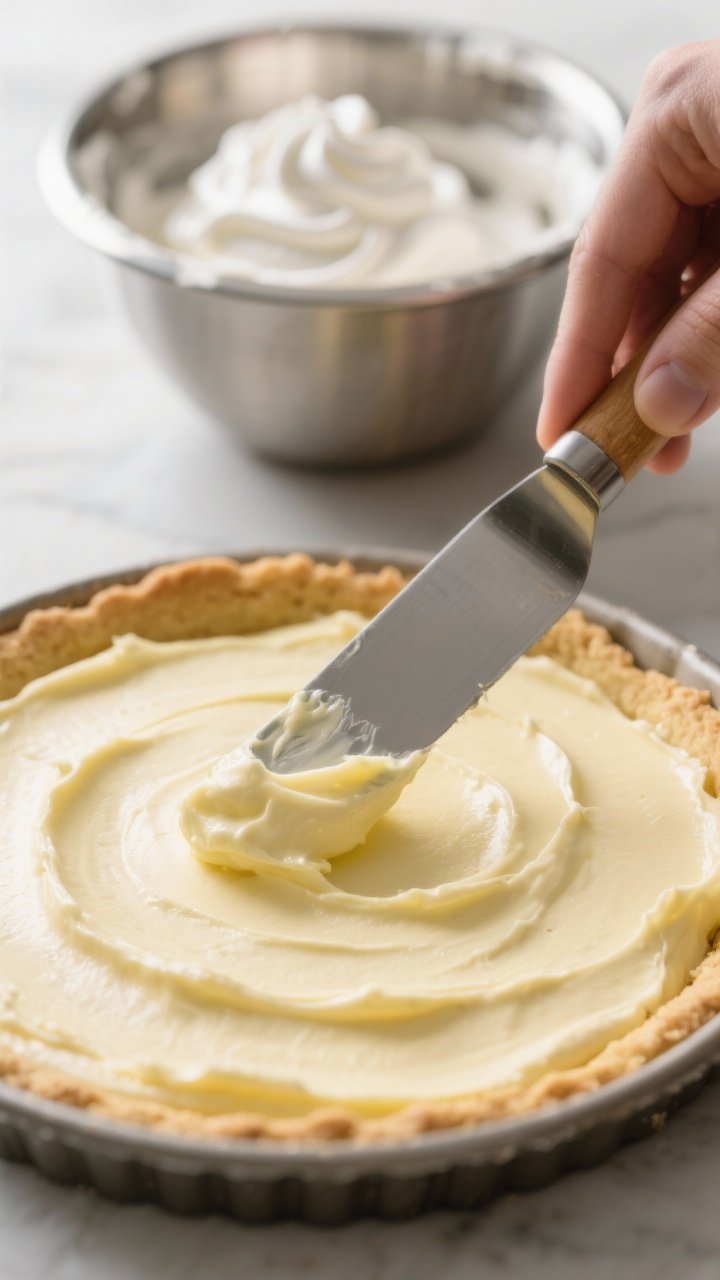 Process moment: The lemon mousse filling being spread over the pre-chilled crust in the pan with an 