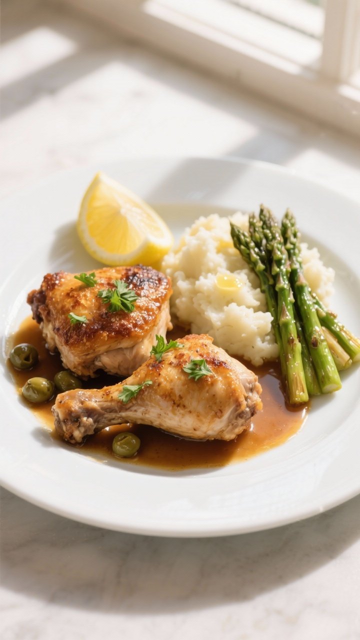 Restaurant-quality plated presentation: Two crispy-skinned chicken thighs on a white rimmed plate, s