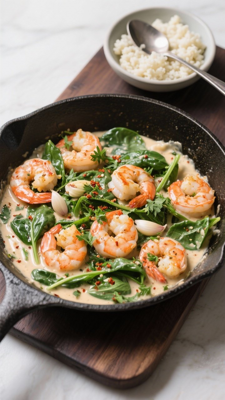 Tasty for serving suggestion: Overhead shot of the skillet filled with creamy garlic shrimp, sauce g