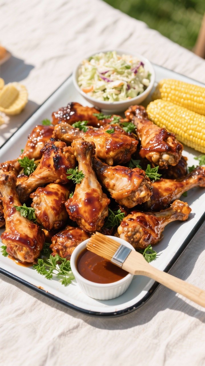 Tasty top-down spread: Overhead shot of a backyard-style serving platter piled with BBQ ranch drumst