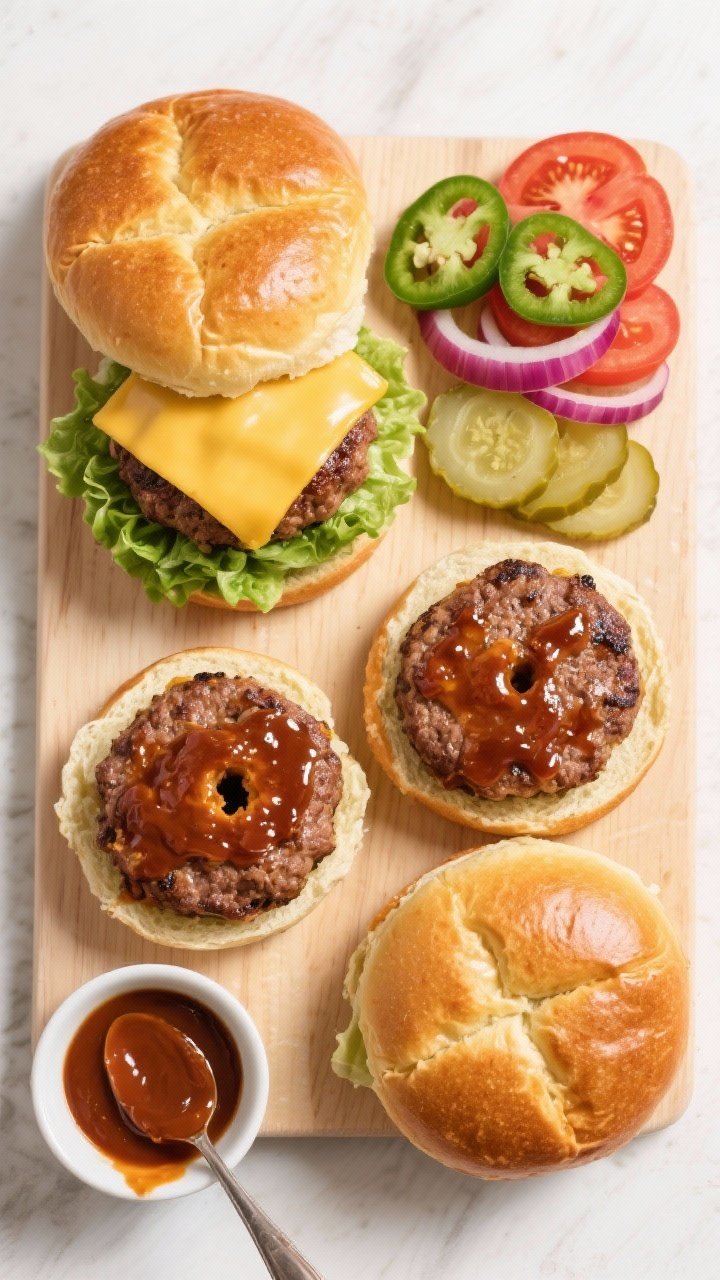 Tasty top view assembly: Overhead shot of a burger-building board—four toasted brioche bun halves 