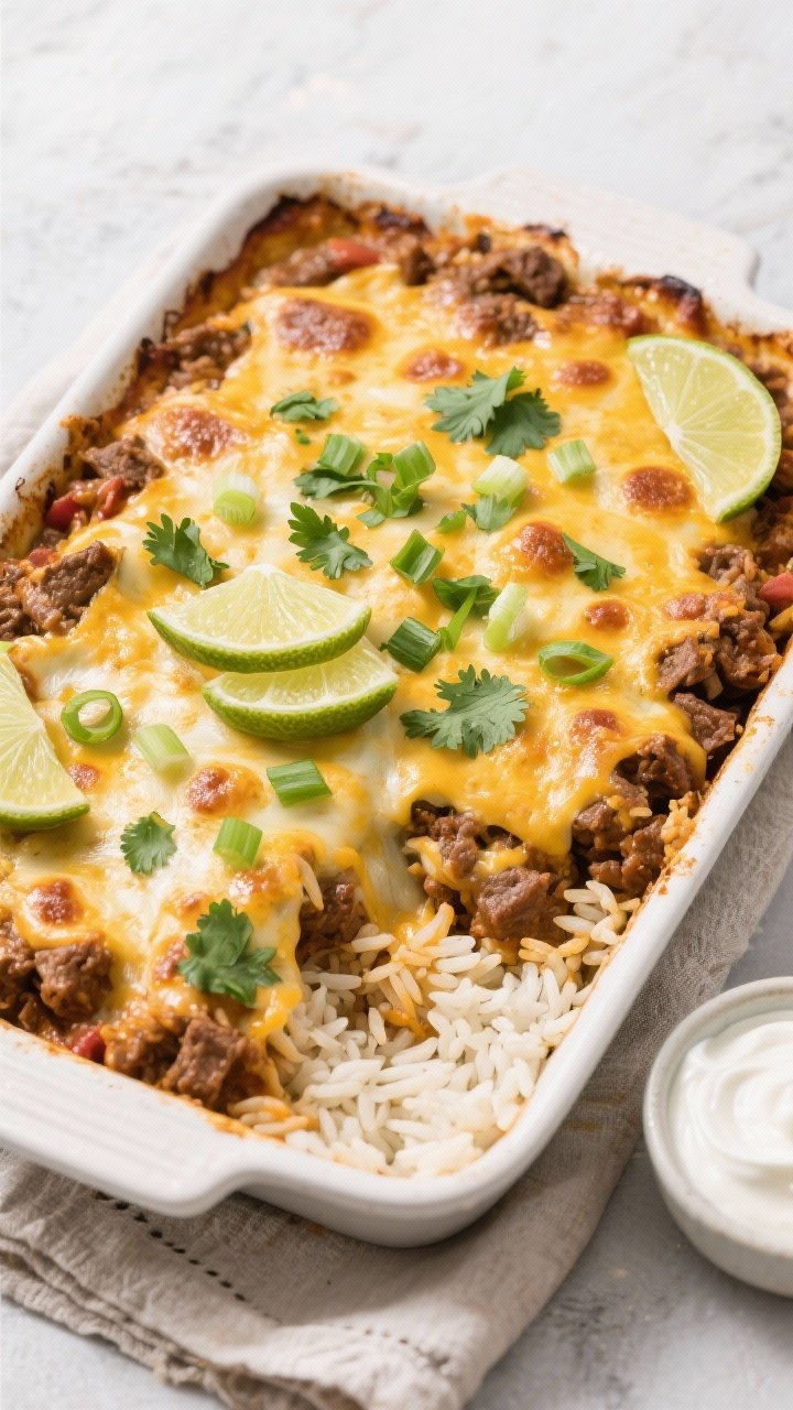 Tasty top view, casserole just out of the oven: Overhead shot of a 9x13 baking dish filled with the 