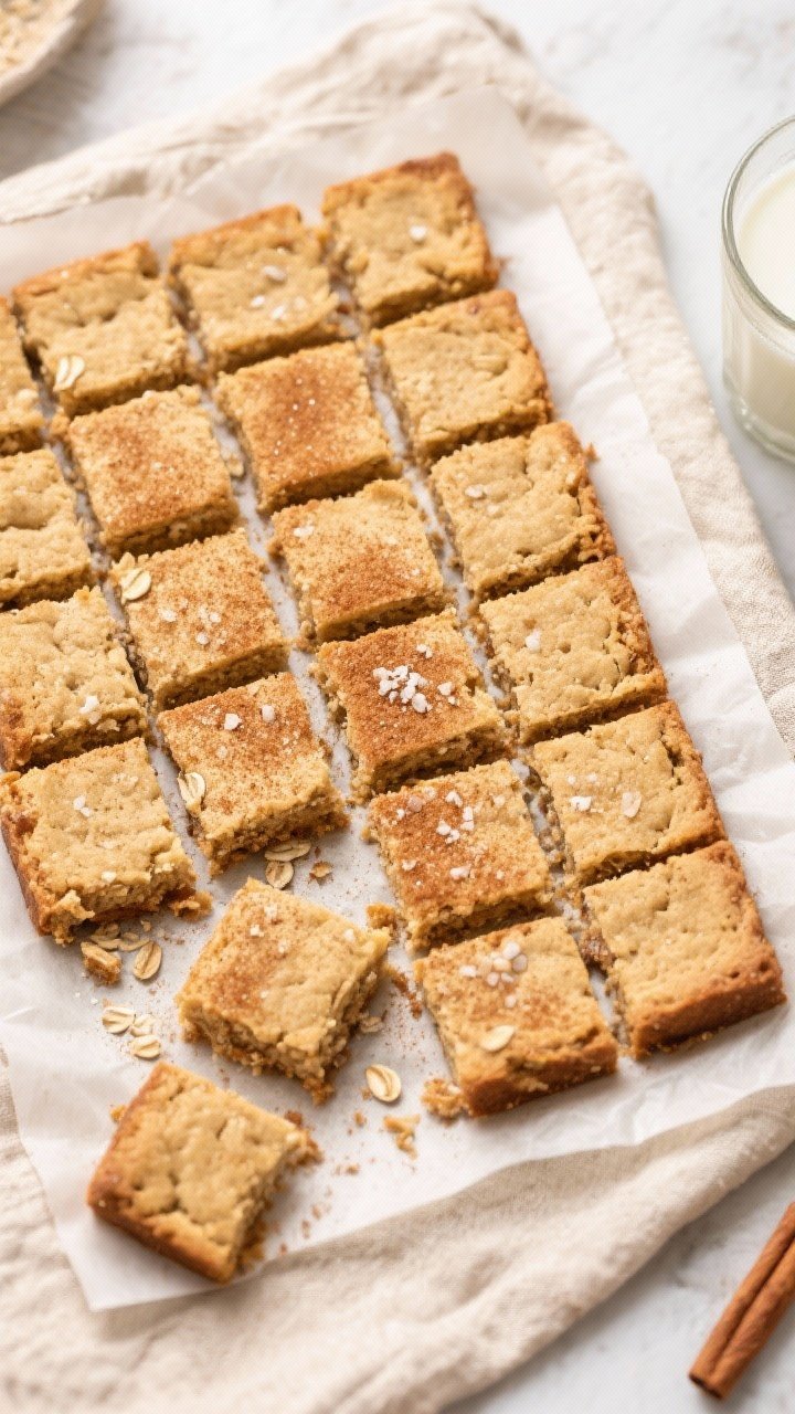 Tasty top view final dish: Overhead shot of 16 neatly cut oat flour snickerdoodle blondies arranged 