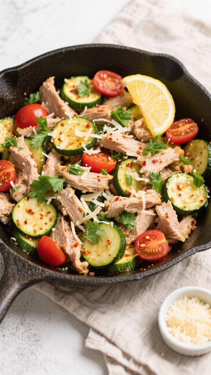 Tasty top view, final dish: Overhead shot of Keto Turkey Zucchini Skillet served family-style in the