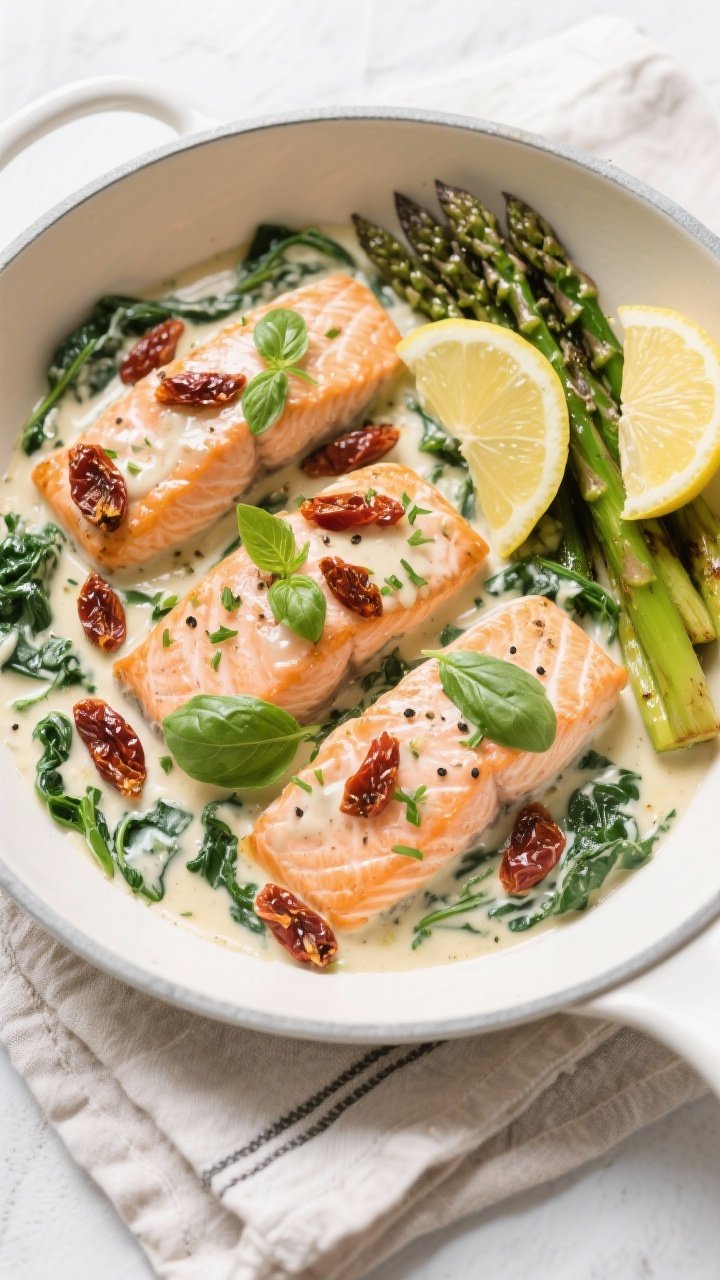 Tasty top view/final dish: Overhead shot of Keto Creamy Tuscan Salmon—four fillets nestled in the 