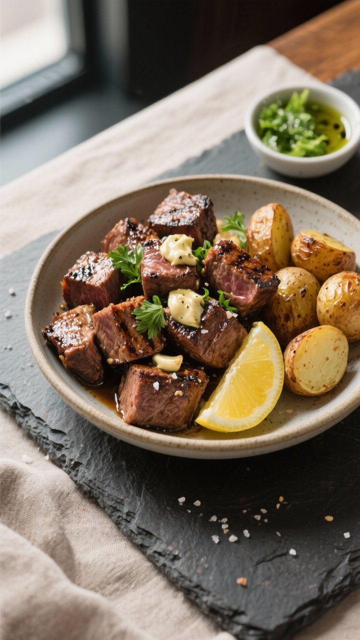 Tasty top view (final presentation): Overhead shot of Grilled Steak Bites with Garlic Butter served 