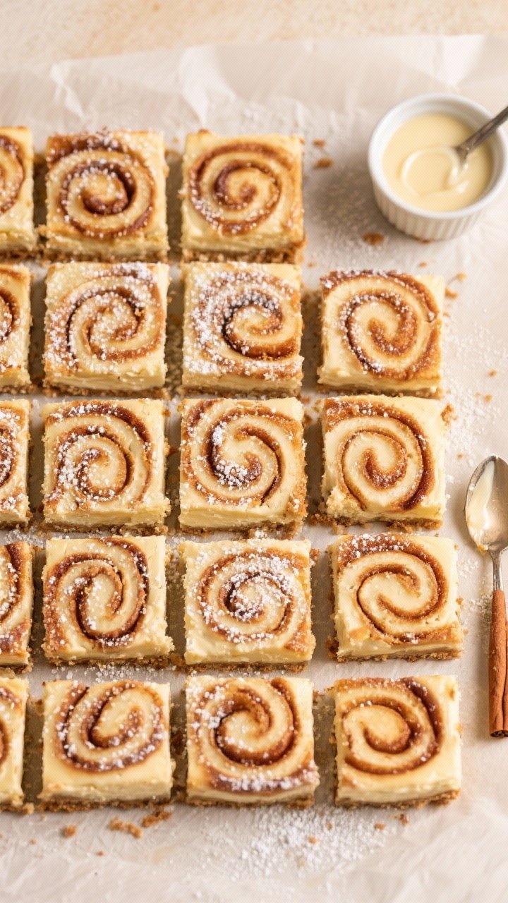 Tasty top view final presentation: Overhead shot of neatly cut 12–16 Cinnamon Roll Cheesecake Bars