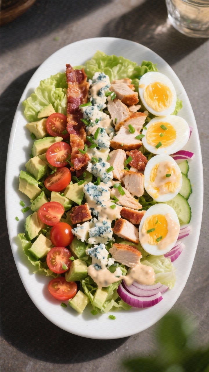 Tasty top view: Fully assembled Keto Cobb Salad on a wide white platter—rows of chopped romaine, d