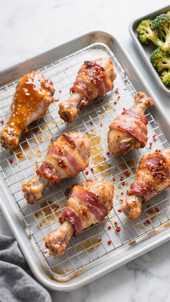 Tasty top view (overhead): Sheet pan scene of six bacon-wrapped thighs spaced apart on a wire rack, 