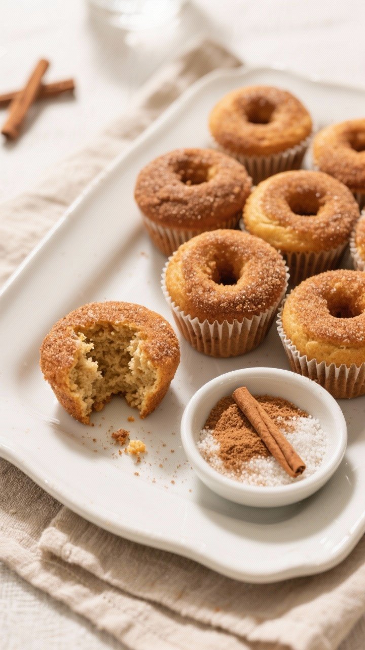 Tasty top view: Overhead shot of a brunch-ready platter of cinnamon sugar donut muffins arranged on 