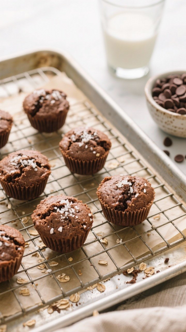 Tasty top view: Overhead shot of a cooling rack filled with mini muffin–shaped oat flour brownie b