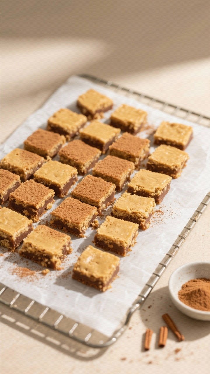 Tasty top view: Overhead shot of a cooling rack with neatly sliced blondie squares (16 pieces), cinn