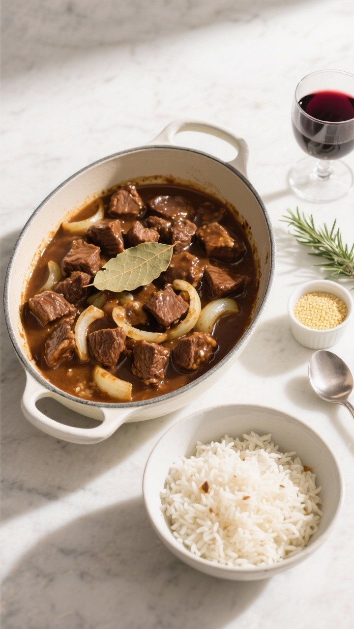 Tasty top view: Overhead shot of a family-style serving—beef tips and thick, glossy gravy in a wid